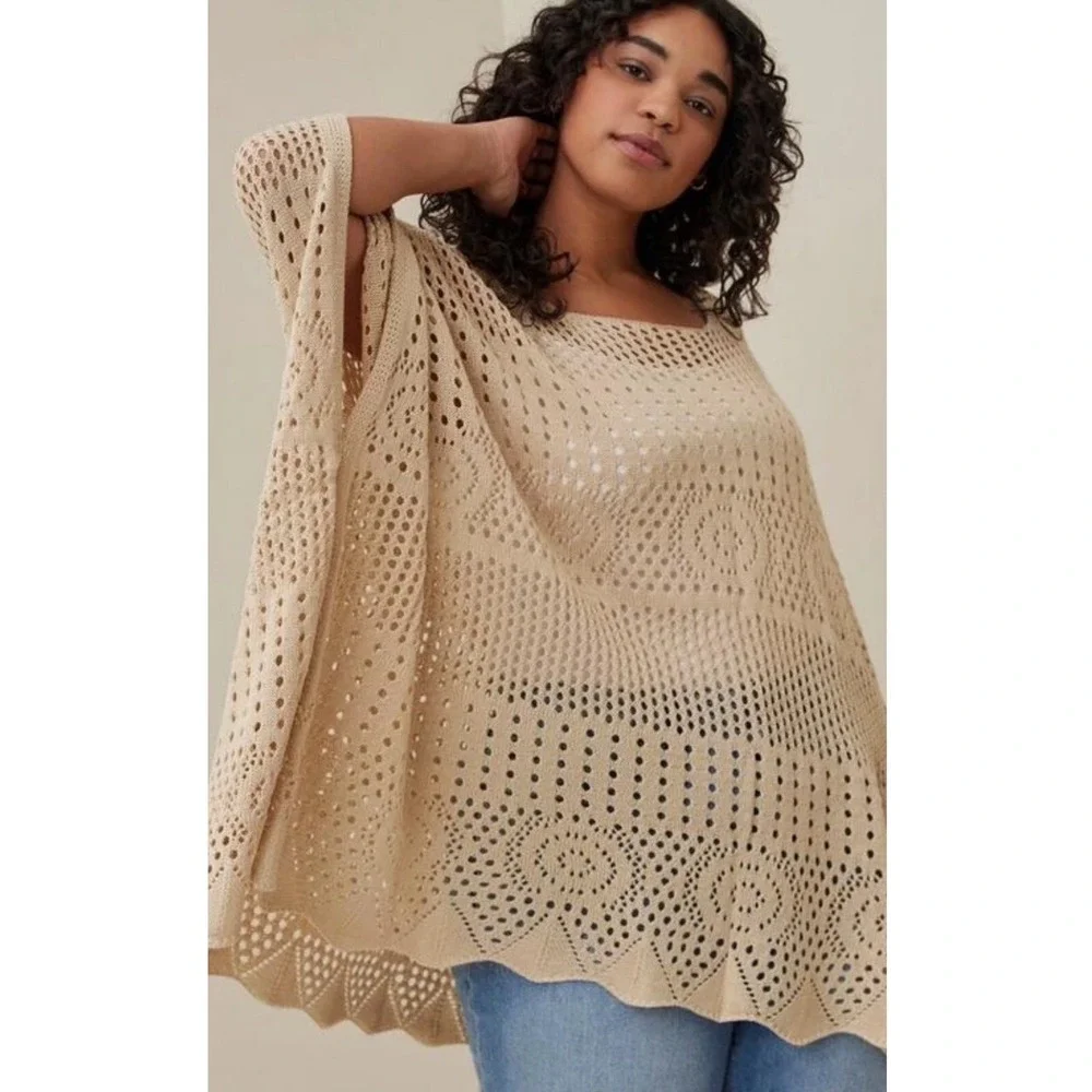 Torrid Crochet Knit Kimono Sweater OS Beige Open Knit Breathable Poncho Beach